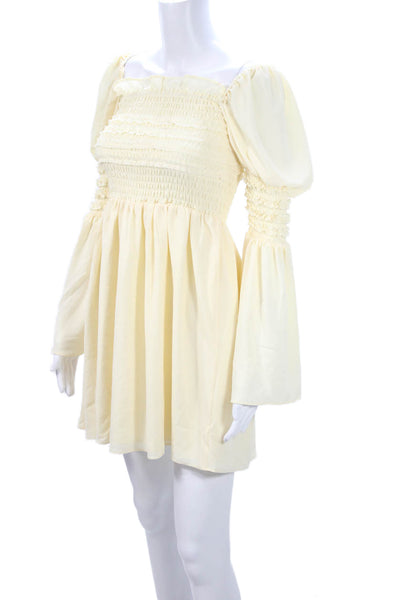 o.p.t Womens Fit & Flare Mini Dress Beige Long Sleeve Square Neck Size S