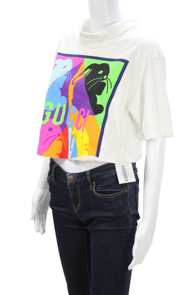 Gucci Womens Cropped T-Shirt White Cotton Mock Neck Animal Graphic Size XS