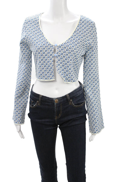 Zara Womens Cropped Blue Geometric Round Neck Button-Up Long Sleeve Size M
