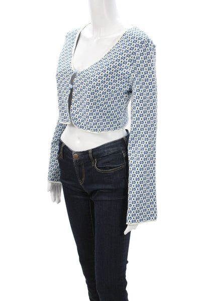 Zara Womens Cropped Blue Geometric Round Neck Button-Up Long Sleeve Size M