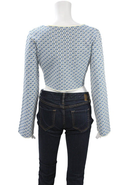 Zara Womens Cropped Blue Geometric Round Neck Button-Up Long Sleeve Size M