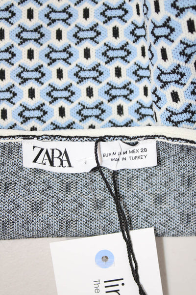 Zara Womens Cropped Blue Geometric Round Neck Button-Up Long Sleeve Size M