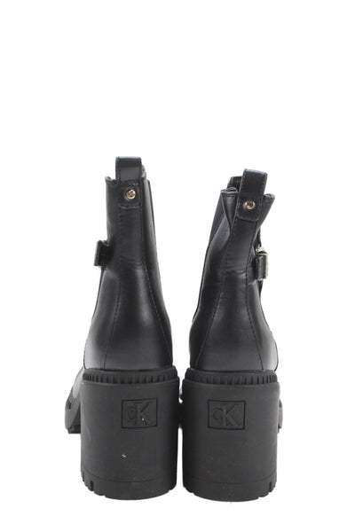 CK Calvin Klein Womens Leather Block Heels Ankle Boots Shoes Black Size 10M
