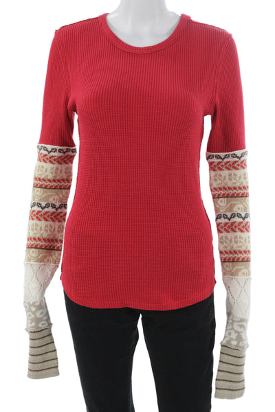 We The Free Women Basic Red Cotton Long Sleeve T-Shirt Round Neck Size S