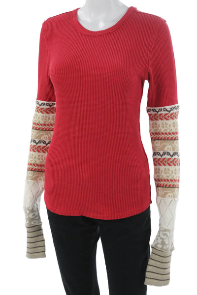 We The Free Women Basic Red Cotton Long Sleeve T-Shirt Round Neck Size S