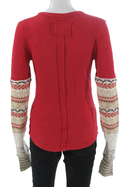 We The Free Women Basic Red Cotton Long Sleeve T-Shirt Round Neck Size S