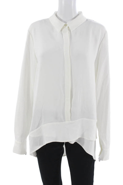 T Tahari Womens Tunic Blouse White Collared Long Sleeve Button Polyester Size L