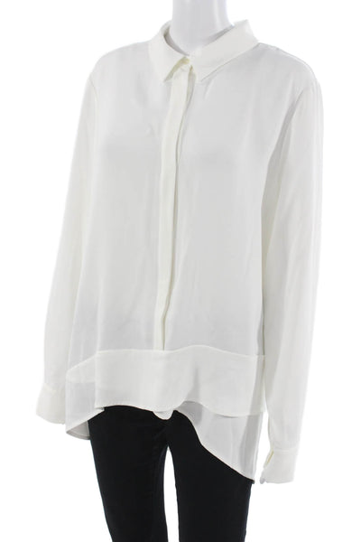 T Tahari Womens Tunic Blouse White Collared Long Sleeve Button Polyester Size L