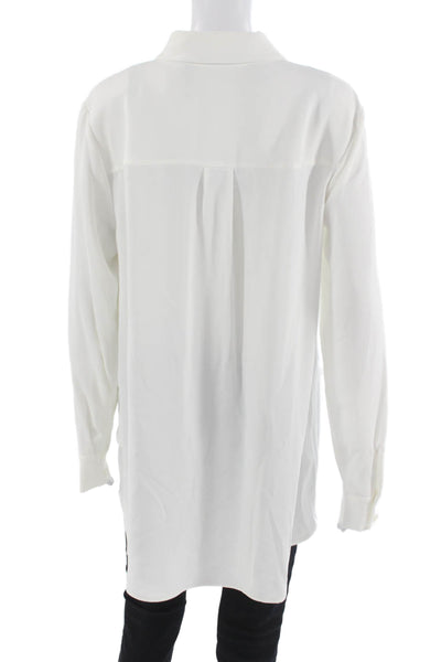 T Tahari Womens Tunic Blouse White Collared Long Sleeve Button Polyester Size L