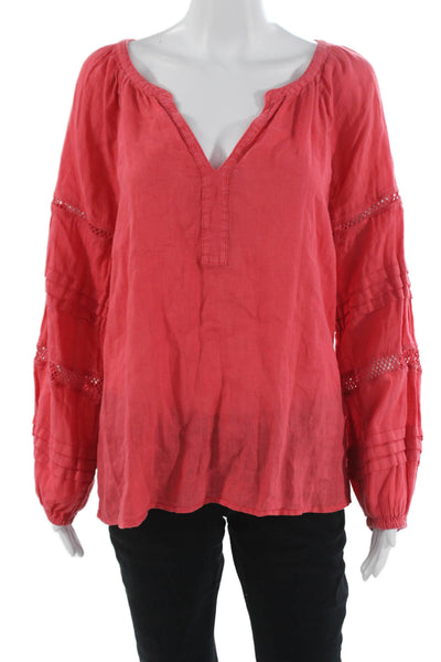 Lilly Pulitzer Women Red Linen V-Neck Tunic Blouse Long Sleeve Bohemian Size M