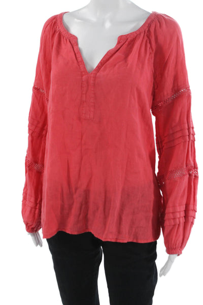 Lilly Pulitzer Women Red Linen V-Neck Tunic Blouse Long Sleeve Bohemian Size M