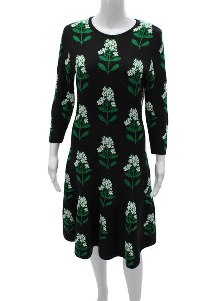 Carolina Herrera Womens Black Floral Sweater Dress 3/4 Sleeve Size M