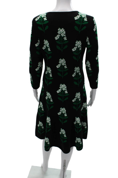 Carolina Herrera Womens Black Floral Sweater Dress 3/4 Sleeve Size M