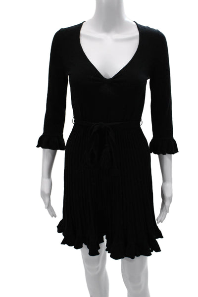 Rebecca Taylor Womens Sweater Dress Mini Black V Neck 3/4 Sleeve Size XS