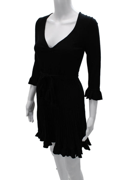 Rebecca Taylor Womens Sweater Dress Mini Black V Neck 3/4 Sleeve Size XS