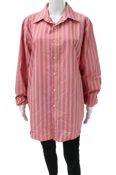 BCBGMAXAZRIA Women Pink Striped Collared Button Up Tunic Long Sleeve Size XL