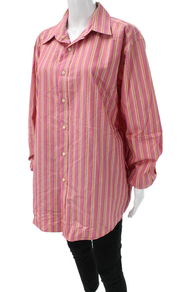 BCBGMAXAZRIA Women Pink Striped Collared Button Up Tunic Long Sleeve Size XL