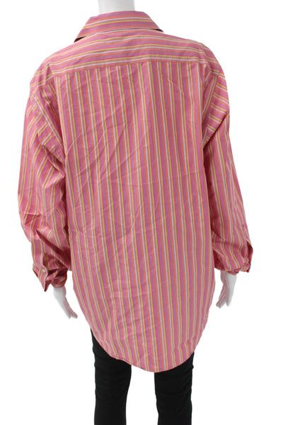 BCBGMAXAZRIA Women Pink Striped Collared Button Up Tunic Long Sleeve Size XL