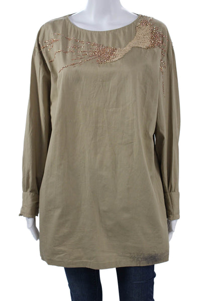 Dries Van Noten Women Beige Cotton Tunic Blouse Long Sleeve Round Neck Size 40