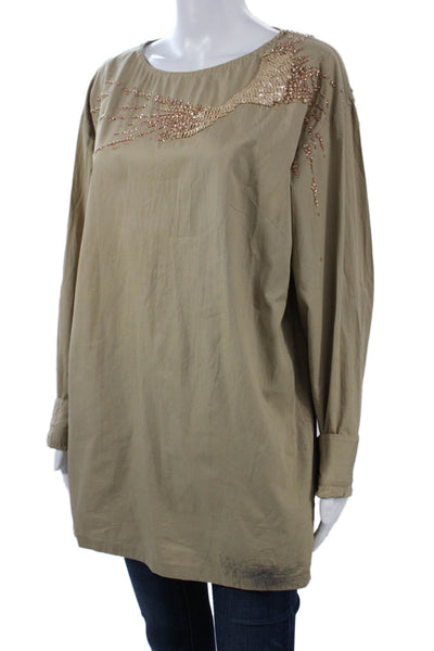 Dries Van Noten Women Beige Cotton Tunic Blouse Long Sleeve Round Neck Size 40