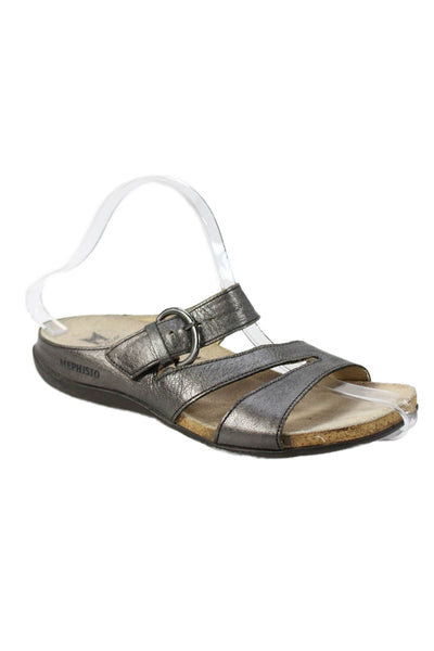 Mephisto Womens Triple Strap Metallic Leather Slide Sandals Silver Size 6