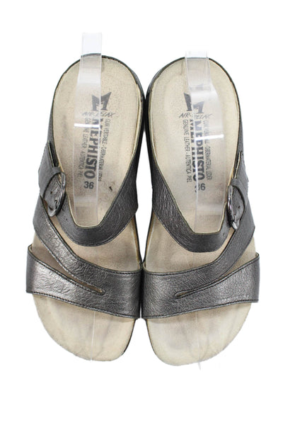 Mephisto Womens Triple Strap Metallic Leather Slide Sandals Silver Size 6