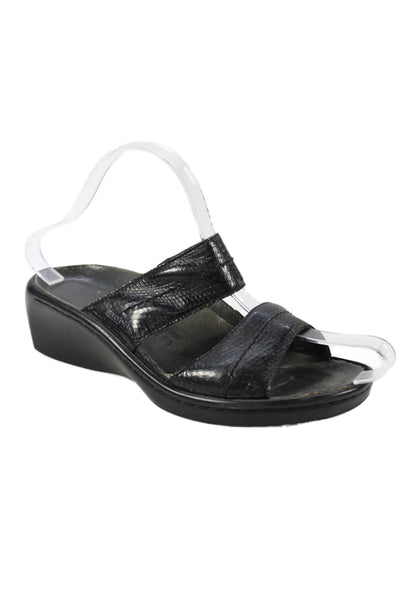 Mephisto Womens Wedge Heel Snake Printed Slide Sandals Black Leather Size 36