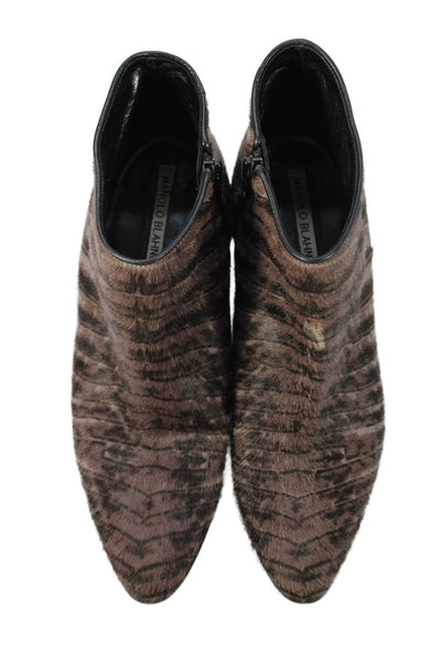 Manolo Blahnik Womens Side Zip Pointed Toe Pony Hair Booties Brown Size 37