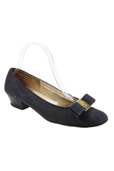Salvatore Ferragamo Womens Block Heel Logo Bow Canvas Pumps Black Size 6.5
