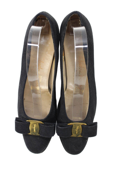 Salvatore Ferragamo Womens Block Heel Logo Bow Canvas Pumps Black Size 6.5