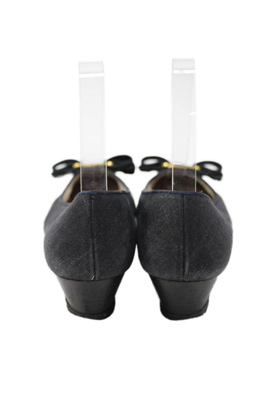 Salvatore Ferragamo Womens Block Heel Logo Bow Canvas Pumps Black Size 6.5