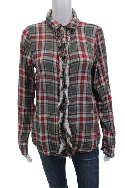 CP Shades Womens Dark Gray Plaid Collared Button-Up Cotton Top Size S