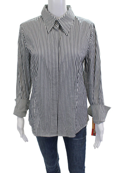 Ellen Tracy Women Black Striped Cotton Collared Long Sleeve Button-Up Size 6
