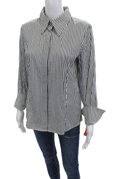 Ellen Tracy Women Black Striped Cotton Collared Long Sleeve Button-Up Size 6