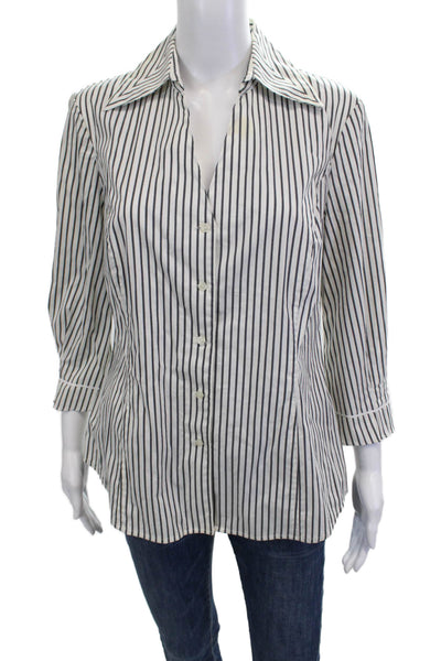 Nine West Women Striped Collared Button-Up Blouse White 3/4 Sleeve Size 6