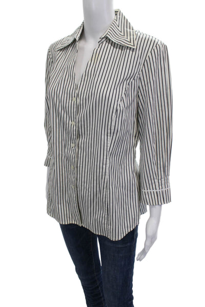 Nine West Women Striped Collared Button-Up Blouse White 3/4 Sleeve Size 6