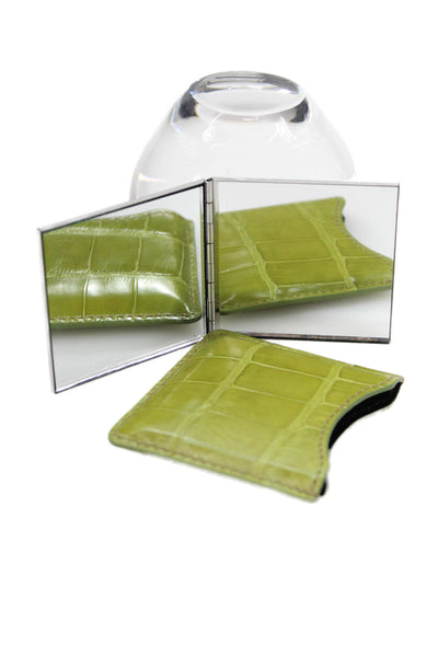 Tardini Womens Genuine American Alligator Beauty Compact Mirror Case Green
