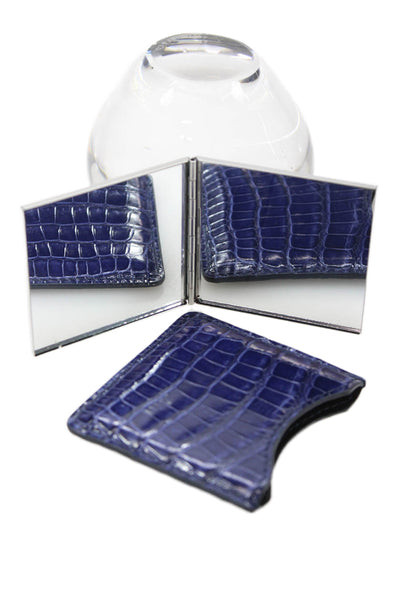 Tardini Womens Genuine American Alligator Beauty Compact Mirror Case Navy Blue