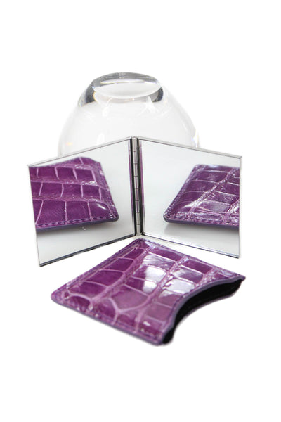 Tardini Womens Genuine American Alligator Beauty Compact Mirror Case Purple