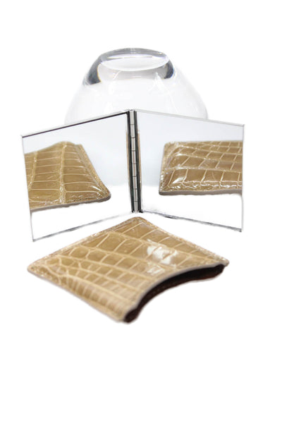 Tardini Womens Genuine American Alligator Beauty Compact Mirror Case Taupe Brown