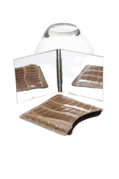 Tardini Womens Genuine American Alligator Beauty Compact Mirror Case Brown