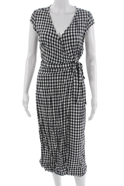 J Crew Womens Wrap Dress Black Gingham Viscose Short Sleeve Tie Midi Size XS