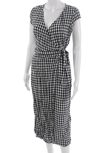 J Crew Womens Wrap Dress Black Gingham Viscose Short Sleeve Tie Midi Size XS