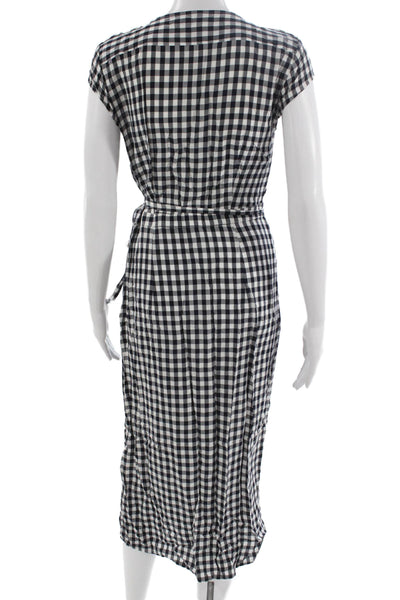 J Crew Womens Wrap Dress Black Gingham Viscose Short Sleeve Tie Midi Size XS
