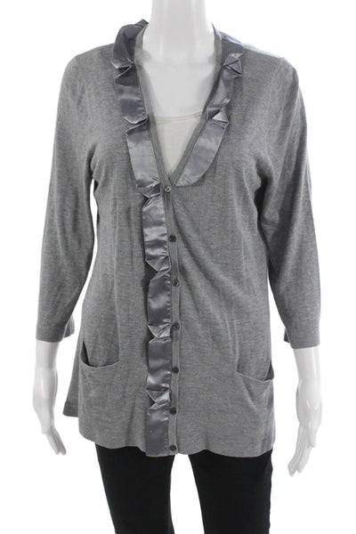 T Tahari Women Gray V Neck Viscose Rayon Cardigan 3/4 Sleeve Solid Size XS