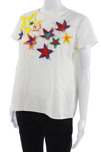 Mira Mikati Women White Cotton Round Neck Short Sleeve Blouse Zip Size 8