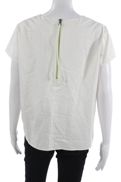 Mira Mikati Women White Cotton Round Neck Short Sleeve Blouse Zip Size 8