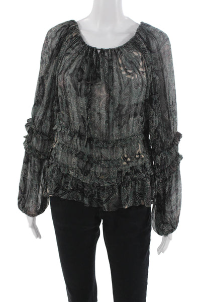 Laurence Bras Womens Green Paisley Viscose Scoop Neck Long Sleeve Blouse Size 1