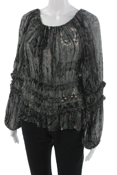 Laurence Bras Womens Green Paisley Viscose Scoop Neck Long Sleeve Blouse Size 1