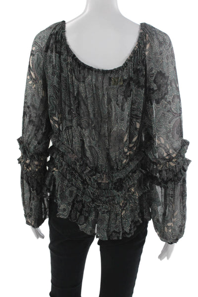 Laurence Bras Womens Green Paisley Viscose Scoop Neck Long Sleeve Blouse Size 1